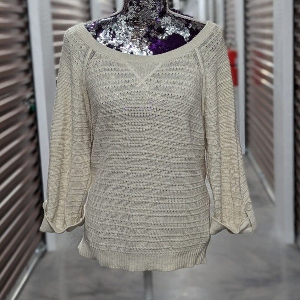 American Eagle Small Cotton Slouchy Boho Cream Knit Scoop Sweater‎ Minimalist
